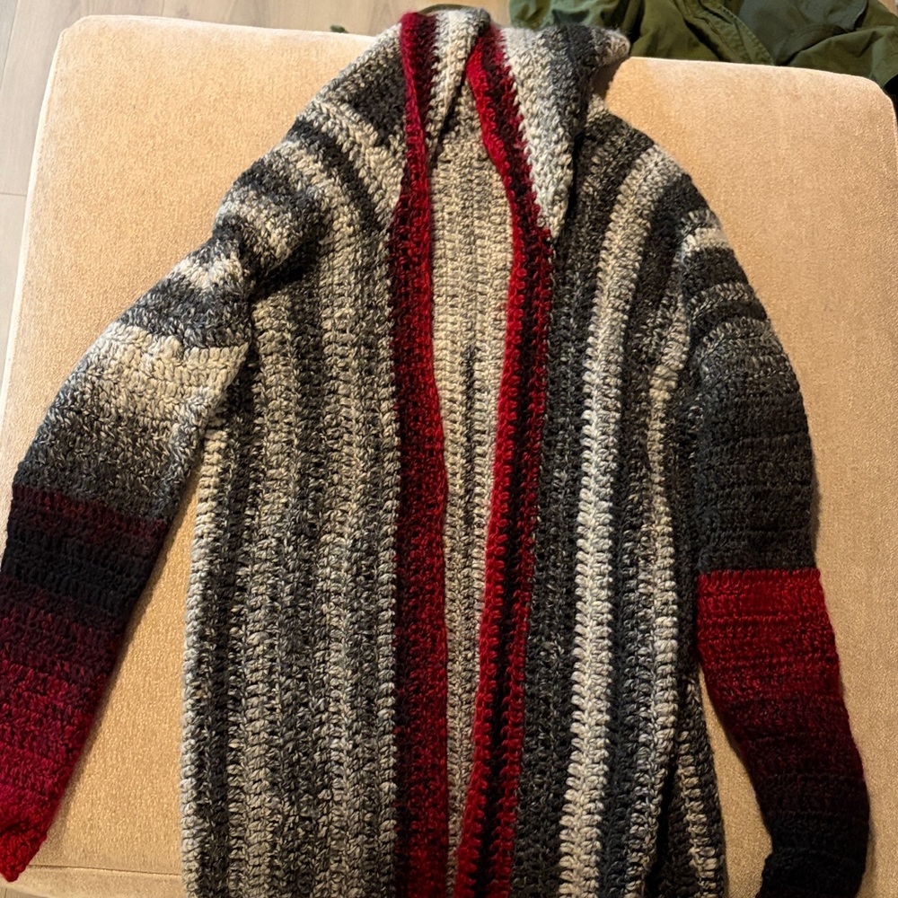 Striped Gray and Red Long Cardigan